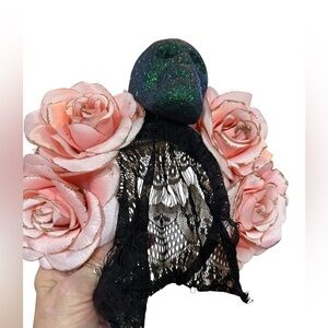 Day of the Dead Black Lace Veil and Pink Rose Headpiece with green skull